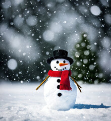 Cute snowman, blue blurred background, lovely winter landscape, winter, snowfall, Christmas, new year 