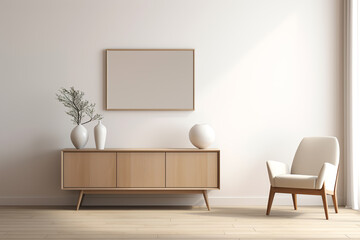 minimalist living room with armchair, sideboard, mirror, crockery, books, stool, white wall, hardwood floor for meeting.ai generative