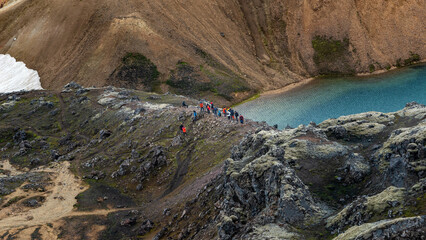 Landmannalaugar, Iceland. Panoramic view  from above at beautiful Icelandic landscape of colorful rainbow volcanic Landmannalaugar mountains, at Laugavegur hiking trail and hikers at blue lagoon