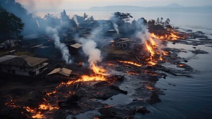 Natural disaster, Destroyed buildings in city by volcanic lava after volcano eruption.