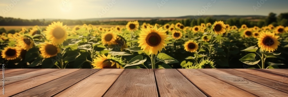 Poster the empty wooden table top with sunflower field background, product display template.