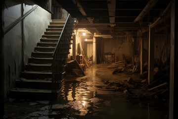 flooded basement with lit light.ai generative