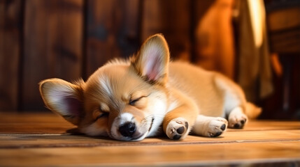 Portrait of a cute little puppy dog Corgi sweet sleep