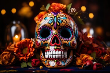 Sugar Skull for Mexican Day of the Dead with decorations