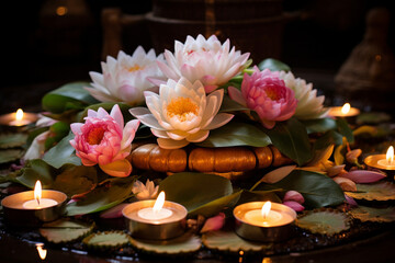 Obraz na płótnie Canvas A lotus flower bouquet adorning a meditation altar, portraying the love and creation of sacred spaces and the devotion to inner peace, love and creation