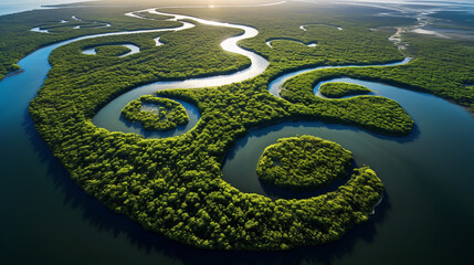 Aerial view of the Congo River winding through mangrove swamps near the mouth of the river.ai generative