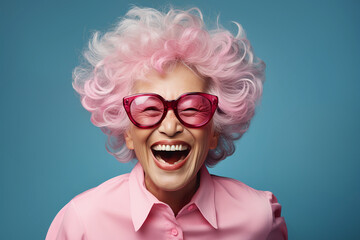 Happy smiling senior asian woman with pink hair. Generative AI - Powered by Adobe