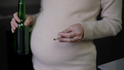 Careless pregnant woman with cigarette and beer bottle dancing indoors. Young unrecognizable Caucasian expectant with tobacco and alcohol at home - Powered by Adobe