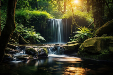 Fototapeta na wymiar A pristine waterfall in a lush forest at sunrise, portraying the love and creation of enchanting woodland water features, love and creation