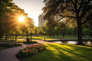A city park's serene beauty during a golden-hour sunset, illustrating the love and creation of...