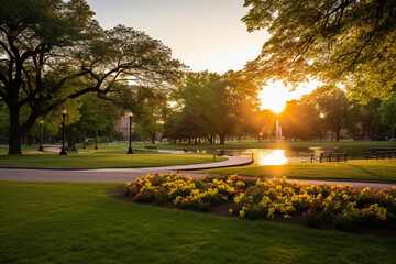 A city park's serene beauty during a golden-hour sunset, illustrating the love and creation of green spaces in urban environments, love and creation