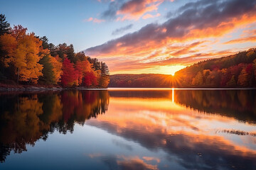 A serene lake surrounded by colorful autumn foliage during sunrise, symbolizing the love and creation of vibrant seasonal changes, love and creation - obrazy, fototapety, plakaty