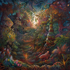 Obraz na płótnie Canvas Ayahuasca experience, spiritual psychedelic hallucinations surreal illustration. Generative AI.