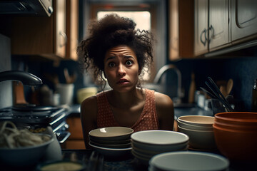 Fototapeta na wymiar A woman housewife panics in an untidy kitchen and unwashed dishes 2
