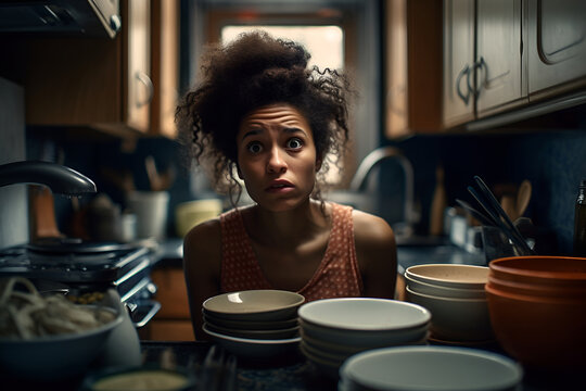 A woman housewife panics in an untidy kitchen and unwashed dishes 2