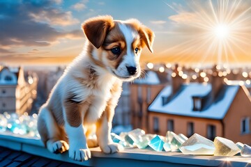 Cute puppies on the roof of the building on a winter morning - obrazy, fototapety, plakaty