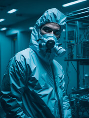 Lab technician in a cleanroom environment, wearing full respiratory protection gear. - 649226713