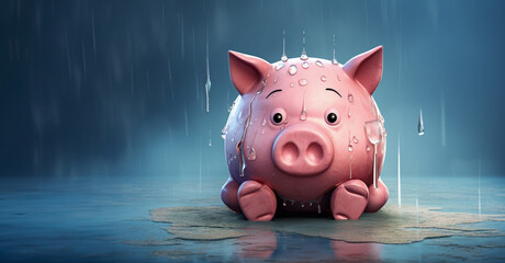 Sad, pink piggy bank in rainy weather. Symbolizes savings, increasing costs, consumption. Concept of expansive living. Saving money for worse days. Blurred blue background. - obrazy, fototapety, plakaty