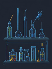 Scientist's workbench filled with various glassware, pipettes, and beakers ready for experimentation. Generative AI - 649226726
