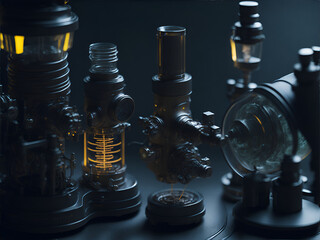 Intricate details of a microscope's lenses and knobs in a well-lit laboratory setting. Generative AI - 649226734