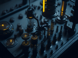 Intricate details of a microscope's lenses and knobs in a well-lit laboratory setting. Generative AI - 649226753