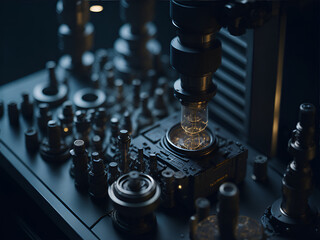 Intricate details of a microscope's lenses and knobs in a well-lit laboratory setting. Generative AI - 649226761
