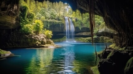 Fototapeta na wymiar Waterfall with cave and natural pool, Lush vegetation.