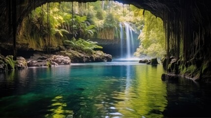 Waterfall with cave and natural pool, Lush vegetation.