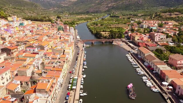 Bosa village in Sardinia, Aerial view of houses and river Temo, day