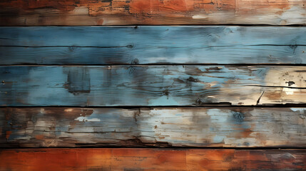 Horizontal Old Distressed Wood Slat Background Wallpaper for Product Placement Advertisement. Painted Stained Weathered Sea Ocean Boards. Orange, White, Blue. 16:9 Aspect Ratio.
