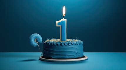 A blue cake with a candle on it that says the number