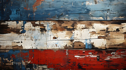 Horizontal Old Distressed Wood Slat Background Wallpaper for Product Placement Advertisement. Painted Stained Weathered Sea Ocean Boards. Red, White, Blue. 9:16 Aspect Ratio.