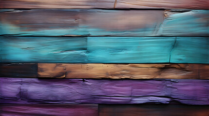 Horizontal Old Distressed Wood Slat Background Wallpaper for Product Placement Advertisement. Painted Stained Weathered Sea Ocean Boards. Purple, Blue. 16:9 Aspect Ratio.