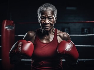 Elderly african woman wearing red boxing gloves, ready to fight.