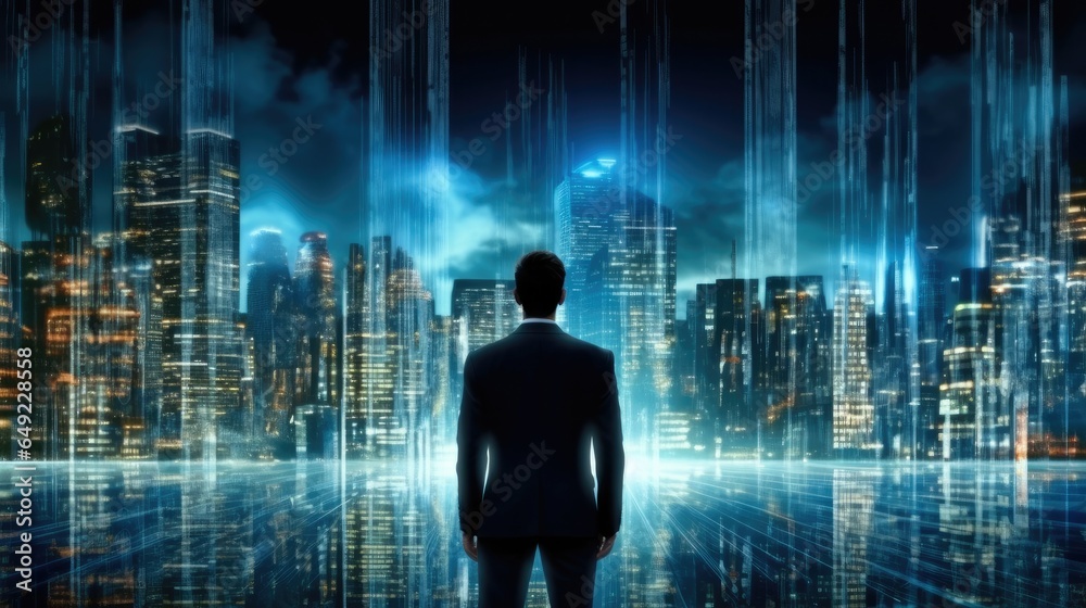 Poster businessman standing in cyberspace, technology, big data and blockchain concept.
