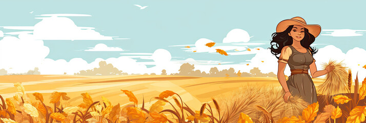 Fototapeta premium Banner with a young woman farmer with a basket of harvested crops. Can be used as an invitation card to the Harvest Festival. There is space available for additional information.