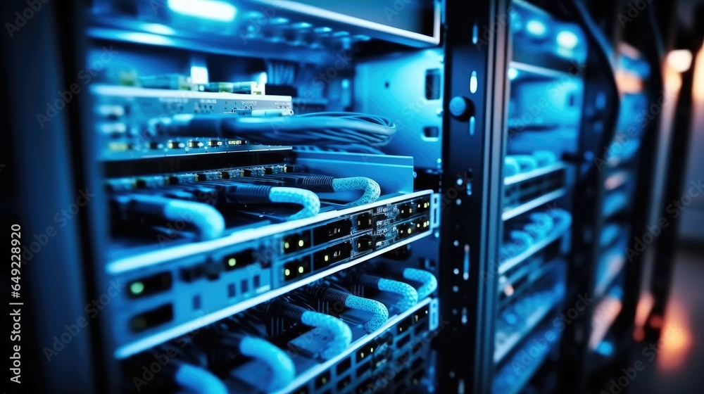 Poster Internet cables and wires in server room with switch in company on the development of a quantum computer, Network background.