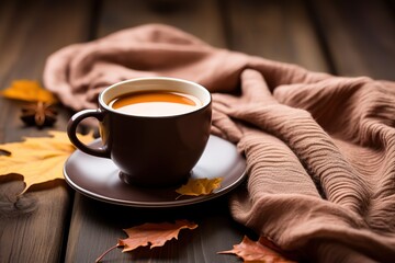 Autumn, falling leaves, a cup of hot coffee - obrazy, fototapety, plakaty
