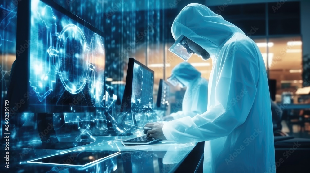 Poster IT Engineers Working in Supercomputer Room, Development of a quantum computer, Network background.
