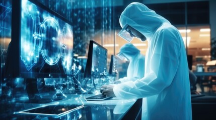 IT Engineers Working in Supercomputer Room, Development of a quantum computer, Network background.