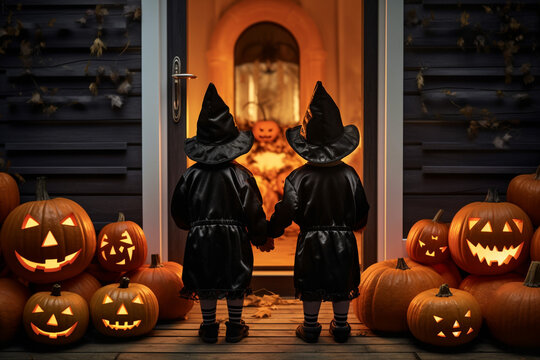 cute kids sith wizard hat standing in front of a door asking for trick or treat as a part of halloween event.