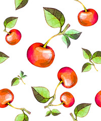 Watercolor juicy cherry on a white background. Art postcard, frame, pattern and background. Vintage style, trendy food