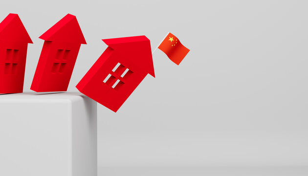 Symbol of red houses with the China flag falling down.Real estate market recession. The housing market dropped and the dominos fell down. 3D render illustration.