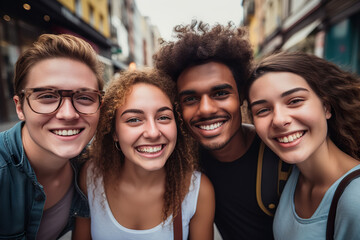 Fototapeta premium Diverse Friendships Bloom Celebrating Unity - Young Multiracial Friends Radiate Joy in an Urban Adventure. created with Generative AI