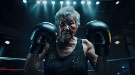 Elderly Asian woman in  boxing gloves, ready to fight. - obrazy, fototapety, plakaty