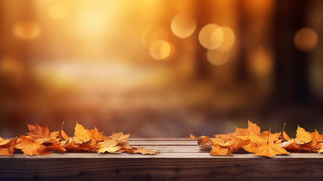 Fallen dry orange leaves on wooden boards against the backdrop of a blurry autumn park.