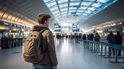 Young man with backpack looking at flight information at airport.