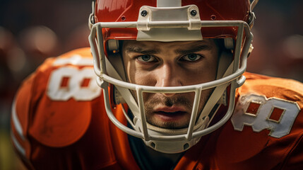 Close-up portrait of an American football player, capturing the intensity and determination on the player's face, highlighting the iconic football helmet and uniform