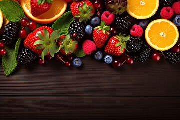 Abundance of Nature's Bounty Top View of Fresh Fruits, Vegetables, and Berries on Wooden Surface. created with Generative AI