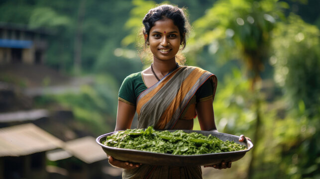 Indian young woman in a sari with a tray of harvested crops, against the backdrop of a village in the jungle.